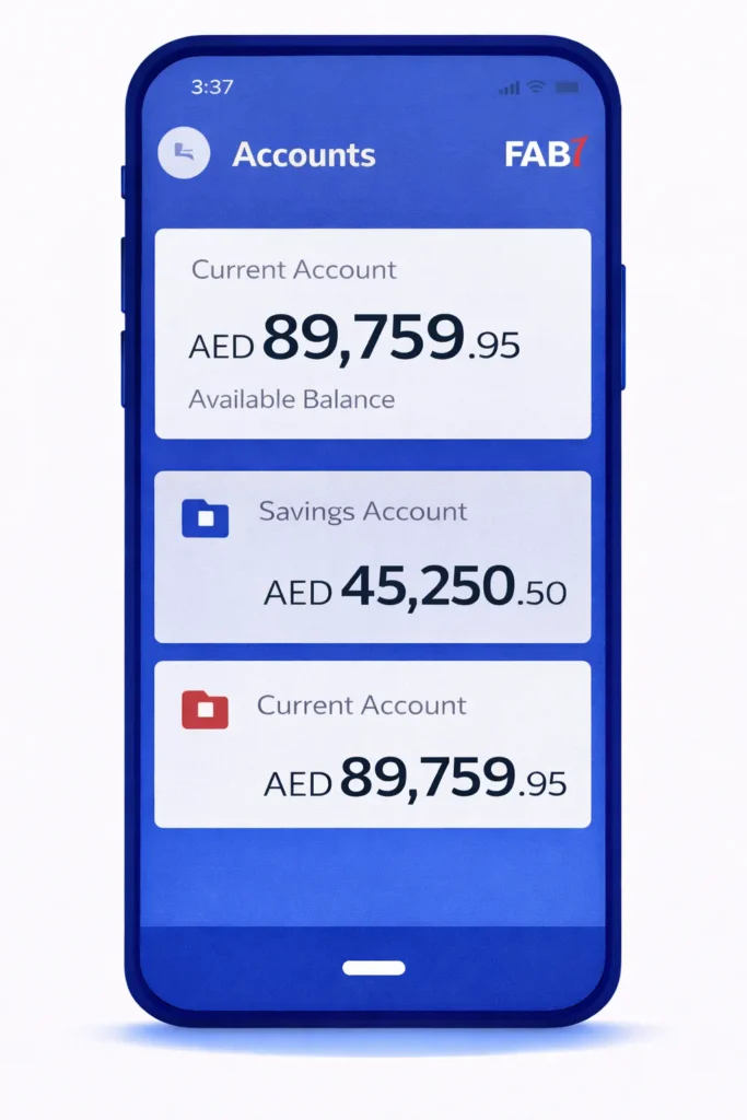 FAB Mobile App Accounts tab showing balances per account