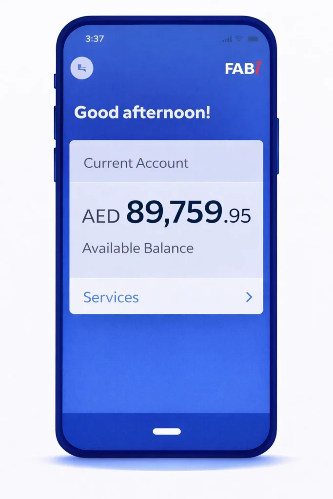 FAB Mobile App Balance Screen showing available balance
