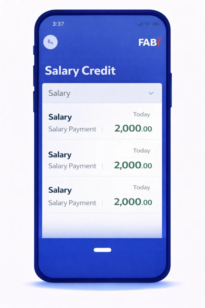 FAB Mobile App transaction list for salary credit verification