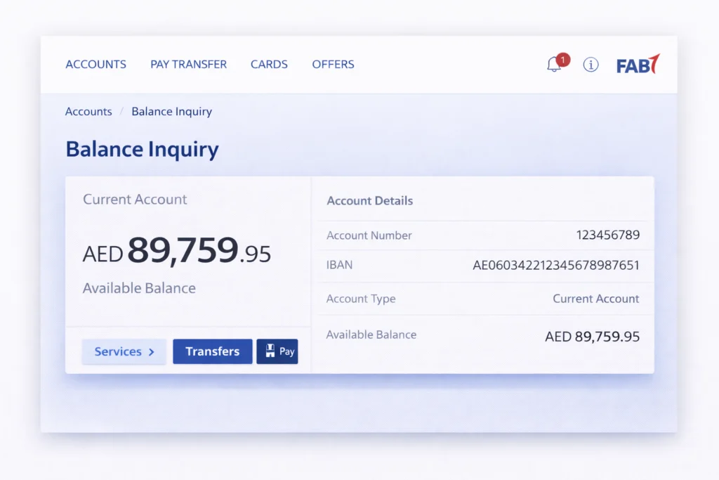 FAB Online Banking account summary page for balance inquiry